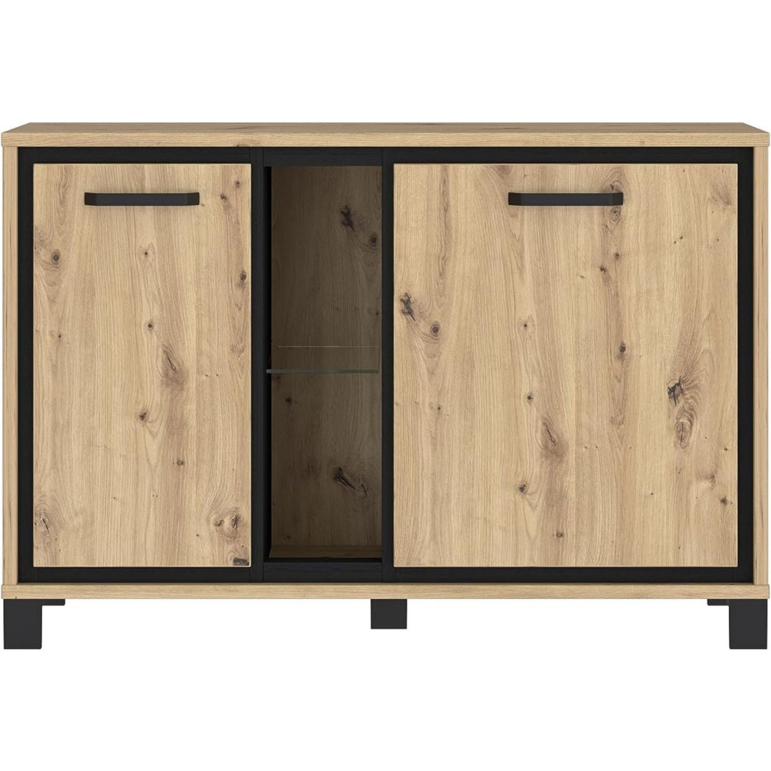 Das Sideboard zeigt 2 Tueren in Schwarz und Eichenbraun