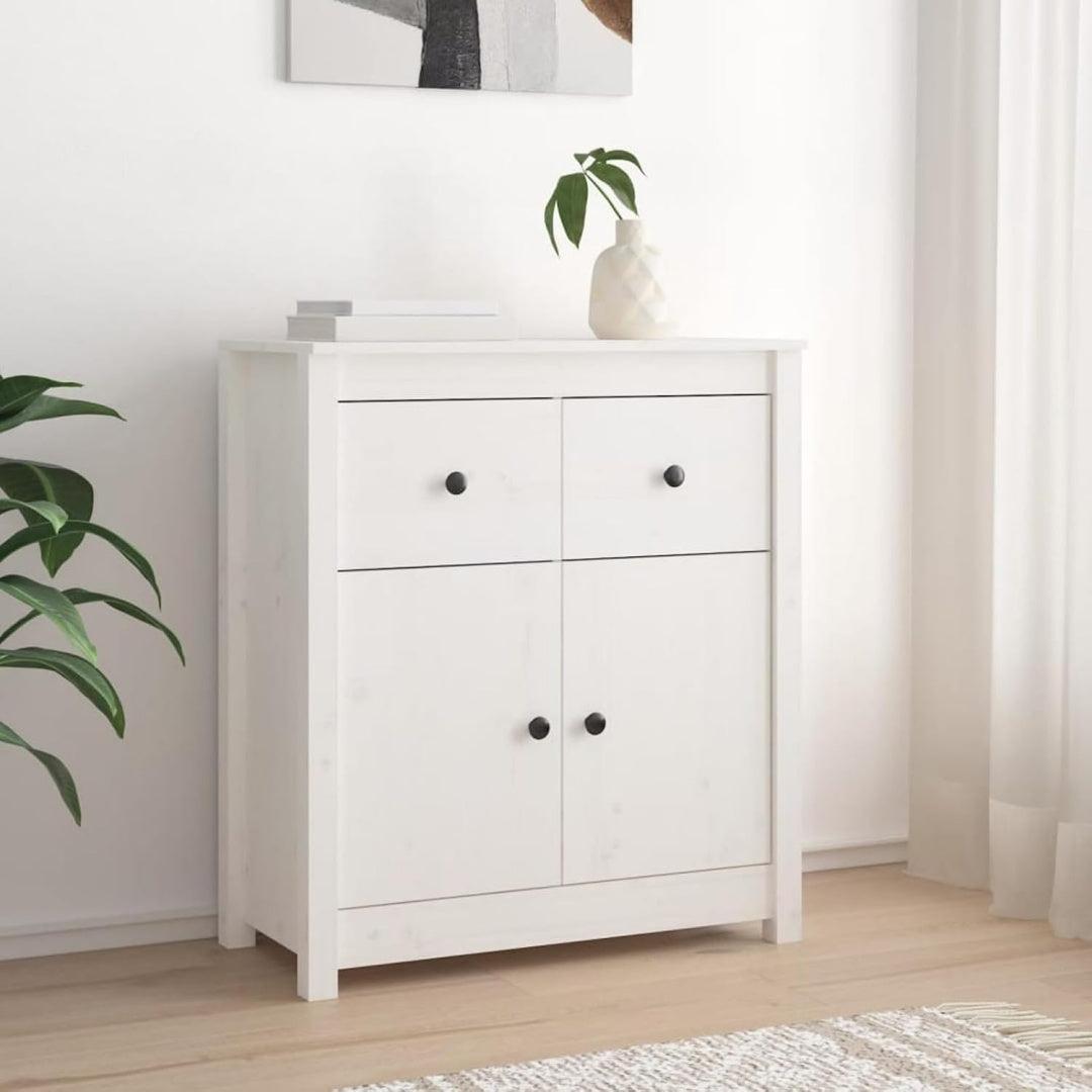 Das Sideboard misst 70 x 35 x 80 cm in Weiss und Naturbraun